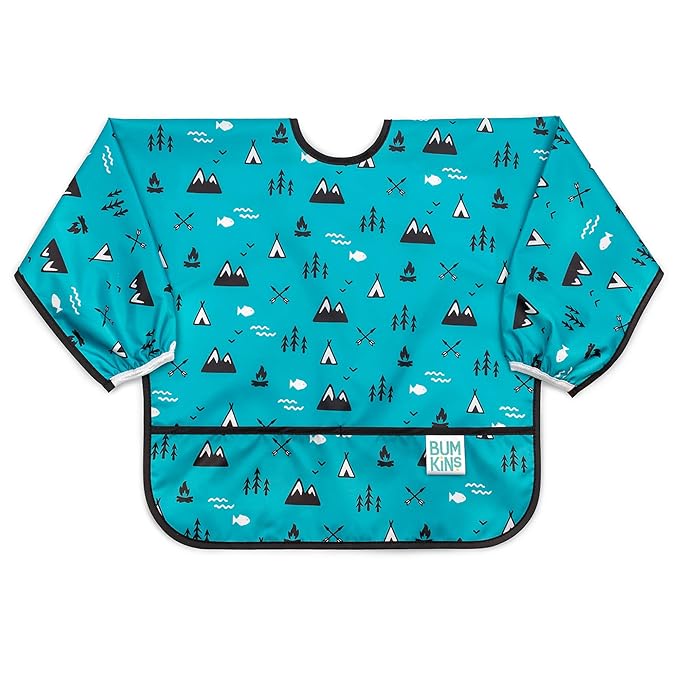 Bumkins Sleeved Bib for Girl or Boy, Baby and Toddler for 6-24 Mos, Essential Must Have for Eating, Feeding, Baby Led Weaning Supplies, Long Sleeve Mess Saving Food Catcher, Fabric, Outdoors Blue