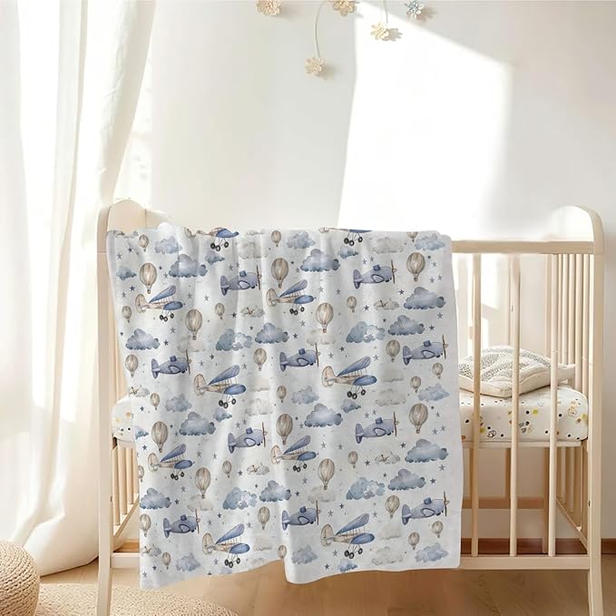 Unisex Plane Hot Air Balloons Transportation Theme Baby Nursery Throw Gift Blanket for Boys Girls, Aircraft Clouds Stars Pattern Swaddle Receiving Bed Blanket for Newborn Toddlers Kids-30x40