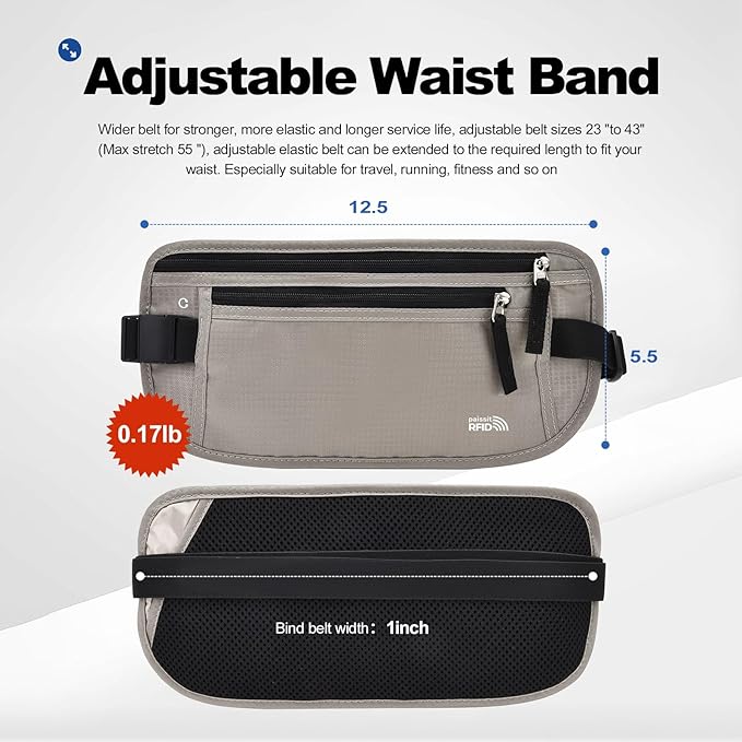 Unisex Money Belt For Men and Women, Slim Passport Holder RFID Blocking Travel Essentials Pouch with Adjustable Strap Small Waist Pouch for Workout Running Travelling Hiking, Light Grey 2 Pack