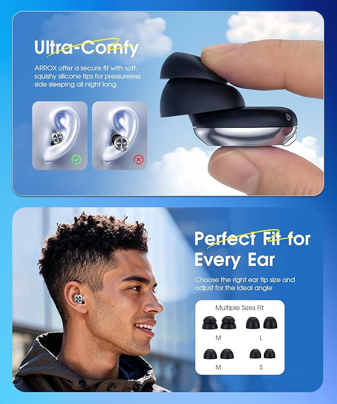 ARROX Adjustable Ear Plugs for Sleeping, 3 Noise Relief Modes (13-45 dB), Double-Layer Ultra-Soft Silicone Earplugs, Reusable Ear plugs for Concerts, Deep Focus, Side Sleepers & Travel, 4 Size Eartips