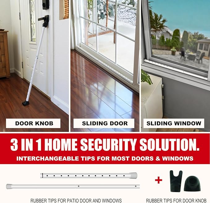 SECURITYMAN 3-in-1 Door Security Bar, Security Door Stoppers & Door Barricade – Heavy Duty Adjustable Iron Security Lock Bar for Home Defense, Apartment & Travel Safety (1 Pack - White)