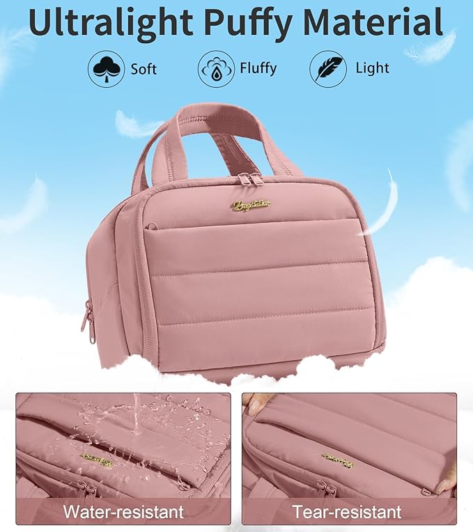 Bagstellar Travel Toiletry Bag for Women, Lightweight Large Quilted Puffy Makeup Bag Wide-open Make up Organizer Cloud Cosmetic Bag w/Handle for Traveling, Toiletries Essentials Accessories Dark Pink