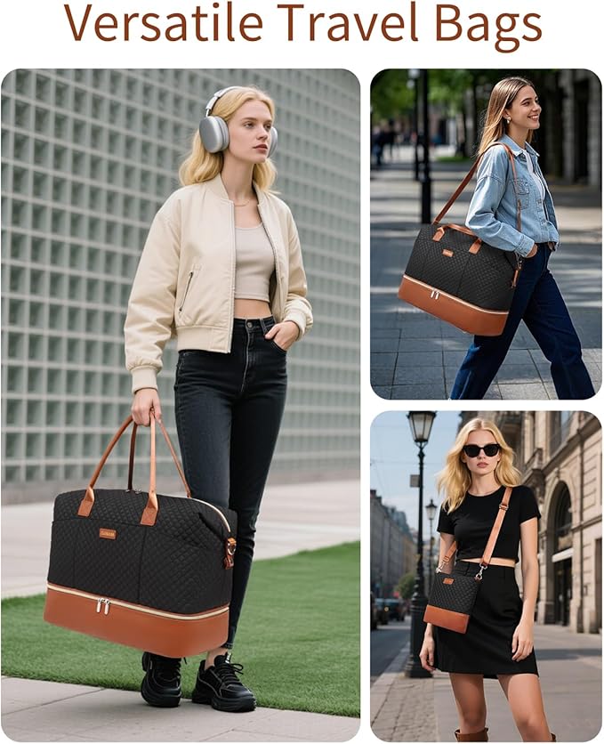 Travel Bag for Women, Weekender Bags Large Carry On Overnight Bag Duffel with Separate Shoes Compartment & Strap, Hospital Bags for Labor and Delivery, Black Brown
