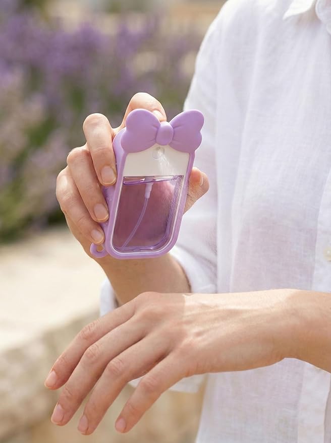 Silicone Bow Case Compatible with Touchland Hand Sanitizer Spray 1 oz (30 mL), Cute Holder with Keychain Clip, Gift for Girls