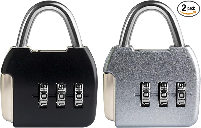 Small Combination Luggage Locks, 3 Digit Combination Padlock, Travel Lock with Code, Small Combo Lock for Locker, Suitcase, Zipper, Tool Box, Backpack, Bag (Black+Silver, 2-Pack)