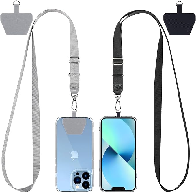 CACOE Phone Lanyard 2 Pcs Lengthened Adjustable Neck Strap,2 Pcs Patches,Universal Crossbody Multifuctional Cell Phone Lanyards Compatible with Most Smartphones(Black+Gray-2)