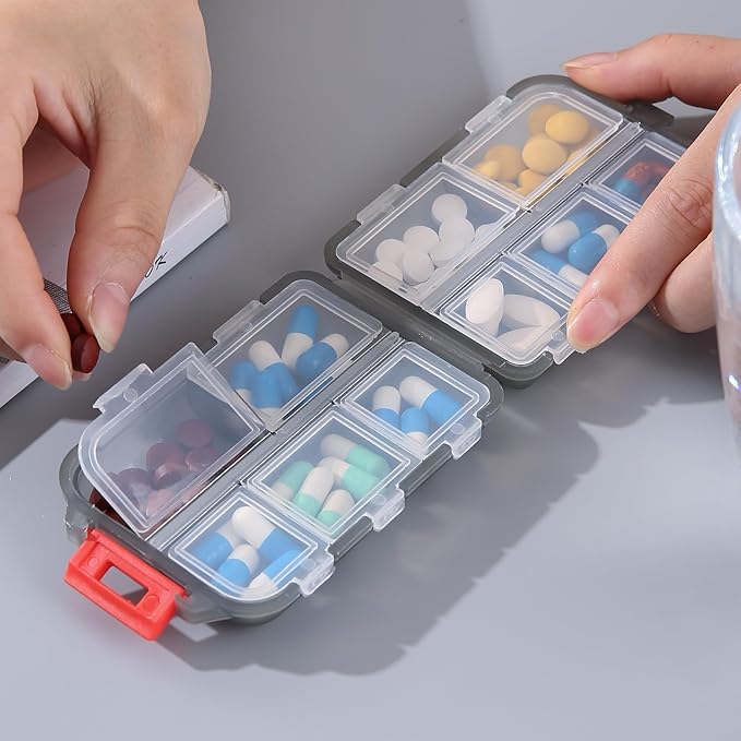 1Pack Travel Pill Organizer - 10 Compartments Pill Case, Compact and Portable Pill Box, Perfect for On-The-Go Storage, Pill Holder for Purse (Gray with 156 Stickers)