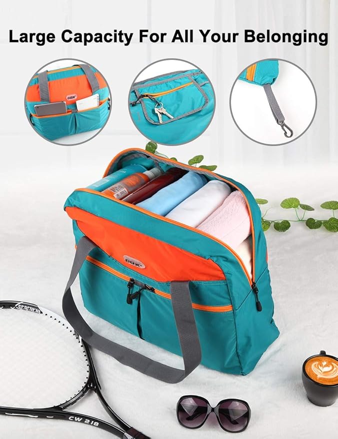 GOX Packable Tote Bag – Under Seat Airline Personal Item, Lightweight Foldable Travel Duffel 28L, Nylon Shoulder Bag for Women Men, Carry-on Weekender for Plane Gym (Turquoise)