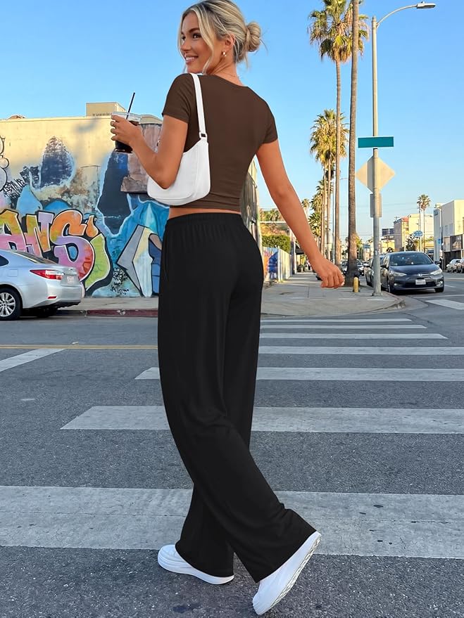 Trendy Queen 2 Piece Matching Summer Lounge Set Womens Side Ruching Top Wide Leg Pants Sets with Pockets