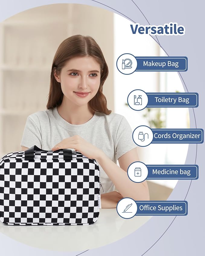 Narwey Large Toiletry Bag Women Cosmetic Bag Travel Makeup Bag Organizer Medicine Bag for Toiletries Essentials Accessories (Black Checkerboard, Large)