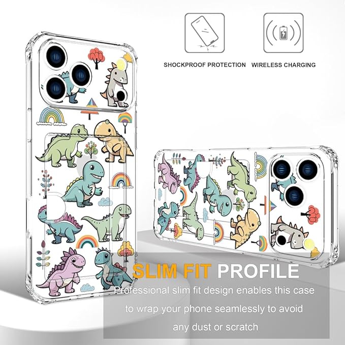 Compatible with iPhone 17 Pro Case Card Holder for Women Cute Design,Wallet Phone Cases Transparent Cool Kawaii Protective (Clear Lovely Dinosaurs)