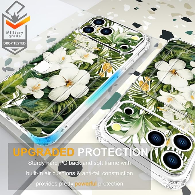 Compatible with iPhone 17 Pro Max Case Card Holder for Women Cute Design,Wallet Phone Cases Transparent Cool Kawaii Protective (Clear Green Flowers Tropical Jungle)