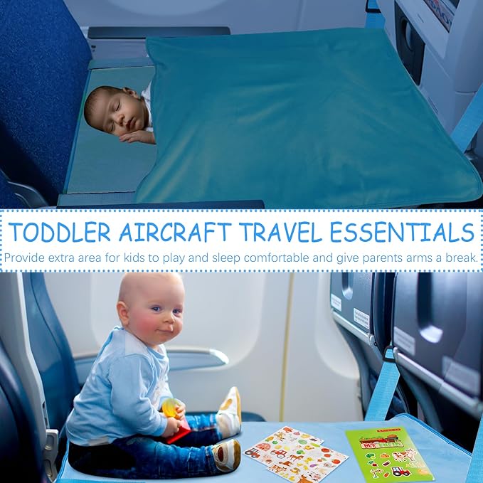 Airplane Bed for Toddler with Blanket, Airplane Seat Extender for Kids, Baby Airplane Travel Essentials, Blue