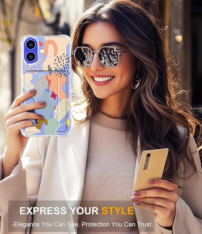 Compatible with iPhone 17 Case Card Holder for Women Cute Design,Wallet Phone Cases Transparent Cool Kawaii Protective (Clear Abstract Art)