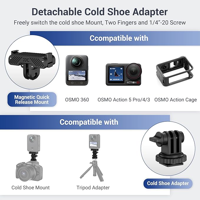 JJC Osmo Action 5 Cold Shoe Adapter Mount for DJI Osmo 360 Action 5 Pro 4 3 Accessories, 180° Angle Adjustable, Detachable Camera Monitor Mount w. 1/4 Screw Hole, Magnetic Quick Release Tripod Adapter