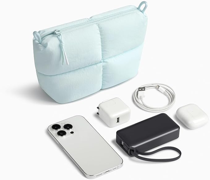 Comfyable Puffy Electronics Organizer Travel Case, Cute Tech Pouch for Women Men, Cable Storage Bag for Charger, Phone, Power Bank, Cord, Compact Tech Accessories Pouch, Ice Blue