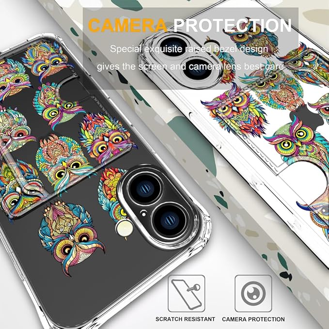 Compatible with iPhone 16 Plus Case Card Holder for Women Cute Design,Wallet Phone Cases Transparent Cool Kawaii Protective (Clear Colorful Owls Cartoon)