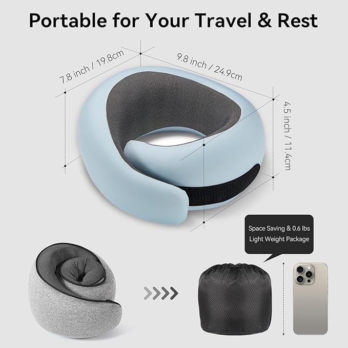 Travel Pillow, 100% Pure Memory Foam Neck Pillow for Airplanes, Comfortable Breathable Cover, Travel Essentials for Plane, Car, Train and Home, Blue