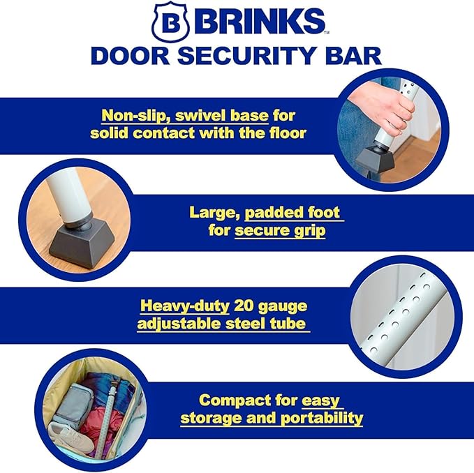 BRINKS Door Security Bar - Adjustable Brinks Door Security Bar for Travel, School, Dorm and Home - Door Jammer for Hinged Doors and Sliding Door Security – Black - 2 Pack