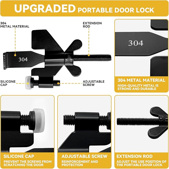 Black Portable Door Lock Home Security Door Locker Travel Lockdown Locks for Additional Safety and Privacy Perfect for Traveling Hotel Home Apartment College