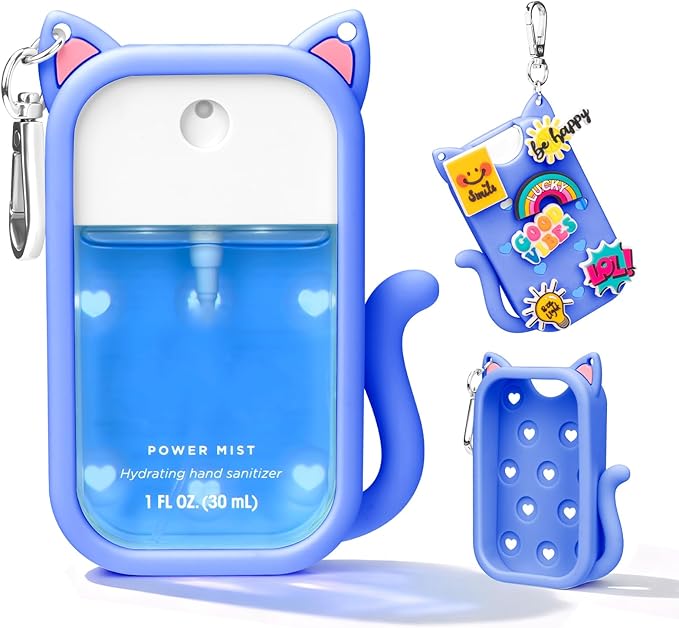 Cat Silicone Case for Touchland Hand Sanitizer Spray with Keychain, Compatible with Power Mist & Glow Mist 1 FL Oz/30ML for Touchland Case, with Charms Accessory Cute Travel Cover Sleeve Blue