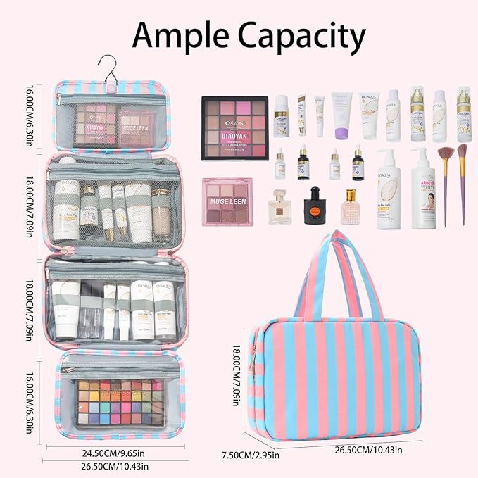 Toiletry Bag for Women Travel Water-resistant Cosmetic Bag Fashion Stripes Makeup Bag with Hanging Hook Preppy for Store Toiletries Cosmetic Accessories Medium Rose Red