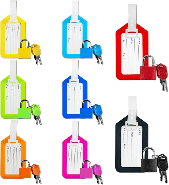 8 Pack Luggage Locks with Key+8 Pack Travel tag, Luggage Tags for Suitcases Bag Tags Name Tags, Mini Padlocks Multicolor Durable Locks for Suitcases Backpacks Boxes Cabinet and Laptop Bags (Colorful)