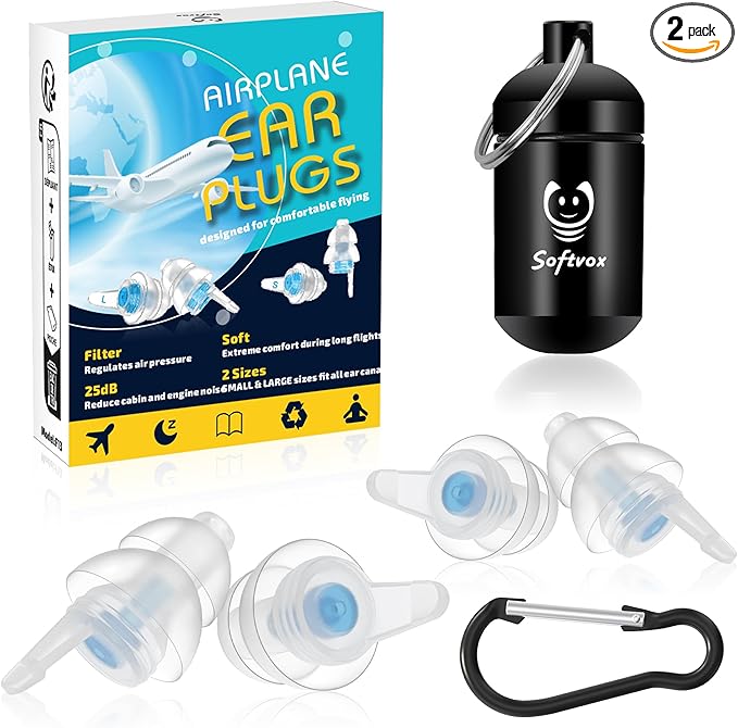Airplane Ear Plugs 2 Pairs, Prevent Ear Pain Pressure Equalizing Earplugs, Plane Travel Essentials, 100x Reusable Comfy Flight Earbuds for Adults Kids 12+, 2 Sizes, 25 dB Noise Reduction