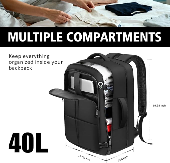 tazbuzo Travel Backpack For Men, Extra Large 50L Flight Approved Carry on Backpack, Expandable Waterproof Business Suitcase Daypack Big Bag Fits 18.4 Inch Laptop, Black