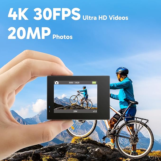 AKASO Brave 4 Action Camera 4K 30fps with 64GB MicroSD U3 Card Bicycle Helmet Accessories Kit Bundle, 20MP Ultra HD 131FT Waterproof Underwater Camera EIS WiFi Remote Control 5X Zoom Sport Cameras