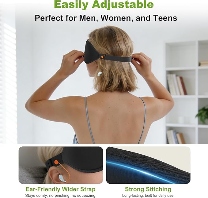 3D Contoured Sleep Mask with Earplug Retainer Cord,100% Pressure-Free & Total Light Blocking Eye Mask with Adjustable Strap. Ideal for Sleep Earplug User, Airplane Travel, Meditation Black