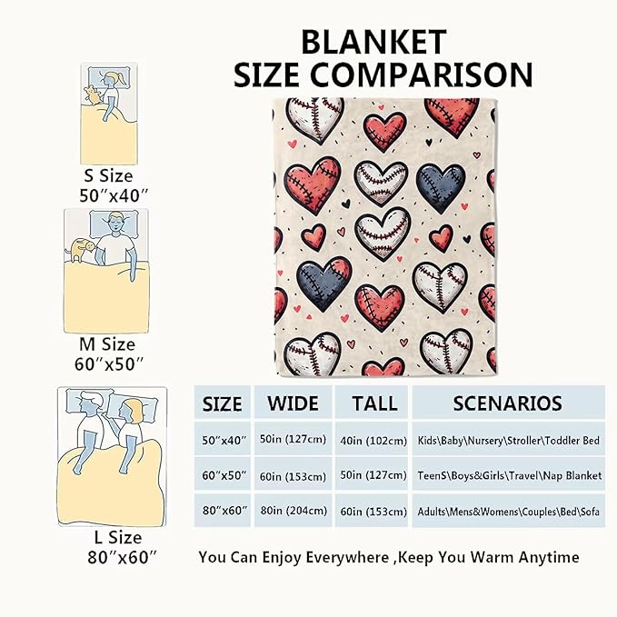 Baseball Hearts Blanket Sport Lovers Throw Blankets Gifts for Kids Adult Lightweight Soft Fleece Cozy for Sofa Couch Bed Room Travel Birthday Party Decor 50x60in