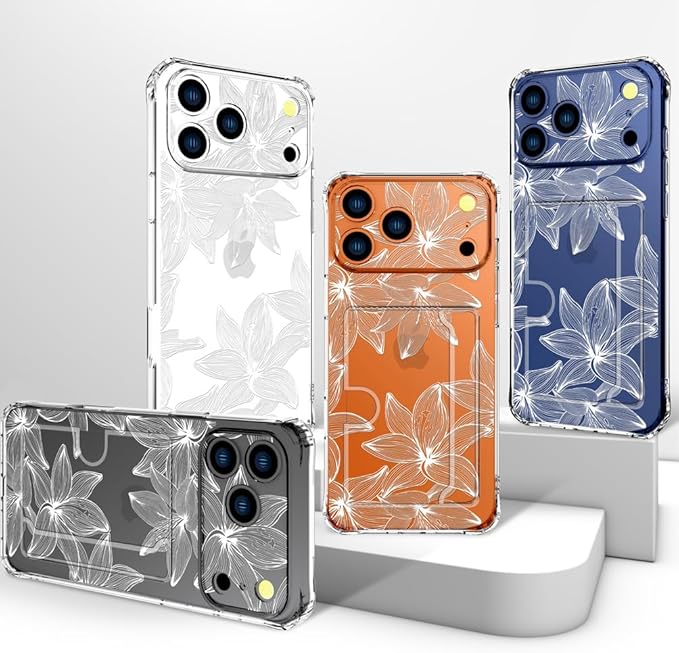 Compatible with iPhone 17 Pro Max Case Card Holder for Women Cute Design,Wallet Phone Cases Transparent Cool Kawaii Protective (Clear Flower White)