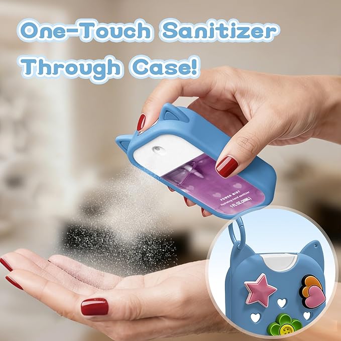 Cat Silicone Case with Keychain & Charms for Touchland Hand Sanitizer Spray, Protective Holder Compatible with Power Mist & Glow Mist 1 FL Oz/30ML