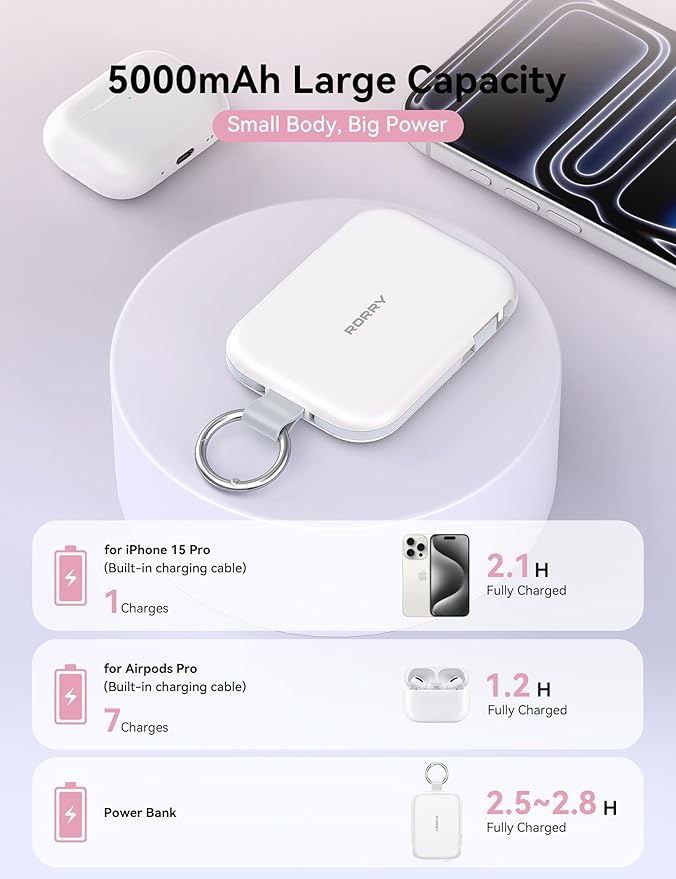 RORRY Portable Charger, 5000mAh Portable Charger Power Bank with Built-in Cables, Travel Keychain Charger Battery Pack for iPhone 17/16/15/14/13/12, for AirPods 2/3/4/Pro, White