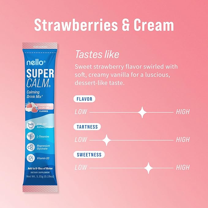 Nello Supercalm Powdered Drink Mix, Cortisol Reducer*, Sleep Aid Supplement, L Theanine, Ksm-66 Ashwagandha, Magnesium Glycinate, Vitamin D 3, No Sugar, Non GMO, 20 Ct, Strawberries & Cream