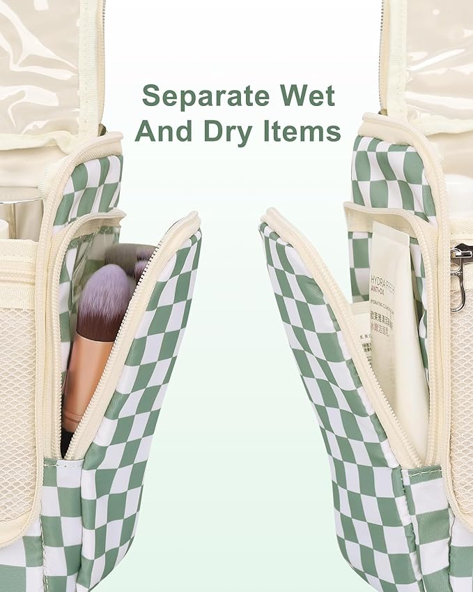 Relavel Travel Toiletry Bag for Women Makeup Bag Cosmetic Organizer Toiletries Bag with Hanging Hook for Travel Size Essentials Accessories Shower Caddy Bag for Bathroom Beach Gym, Green Checkerboard