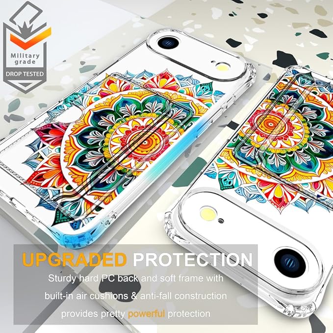 Compatible with iPhone 17 Air Case Card Holder for Women Cute Design,Wallet Phone Cases Transparent Cool Kawaii Protective (Clear Mandala Henna Flower)