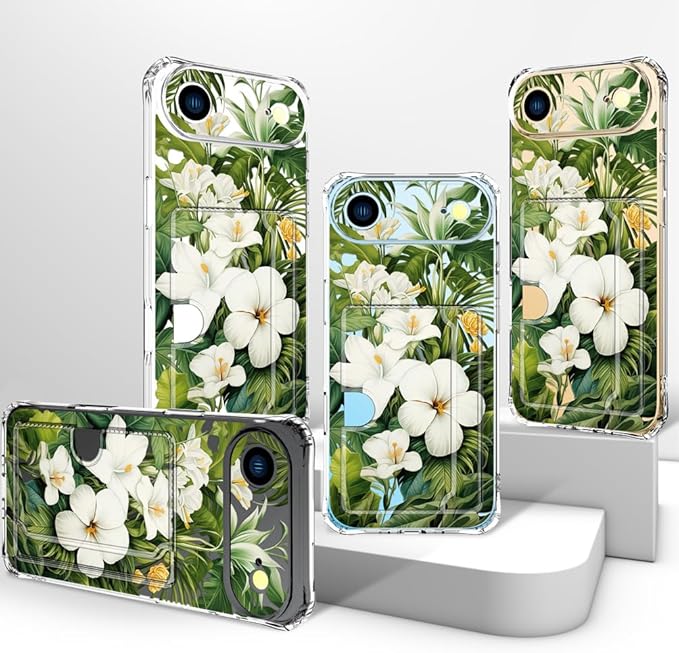 Compatible with iPhone 17 Air Case Card Holder for Women Cute Design,Wallet Phone Cases Transparent Cool Kawaii Protective (Clear Green Flowers Tropical Jungle)