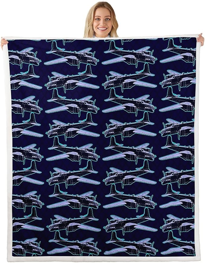 Cartoon Airplane Kids Throw Blanket,American Aircraft Toddler Bed Blanket for Girls Boys Adults,Hand-Painted Air Plane Fleece Blanket,Dark Blue Chic Fuzzy Blanket,40 x 50 Inches