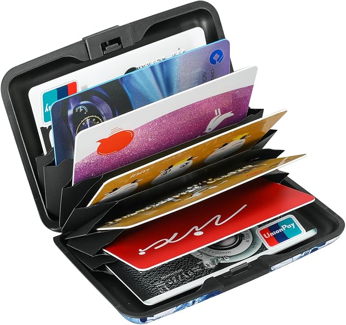 ELFISH RFID Blocking Credit Cards Holder Aluminum Wallet Metal ID Case for Men Women(Blue and White Peony)