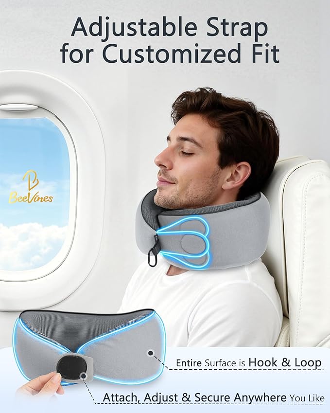 BeeVines Travel Pillow with Carry Case, Memory Foam Neck Pillows for Airplanes, 360° Wrap Around Support for Sleeping, Breathable & Washable Cover for Long Flights, Car & Train Traveling