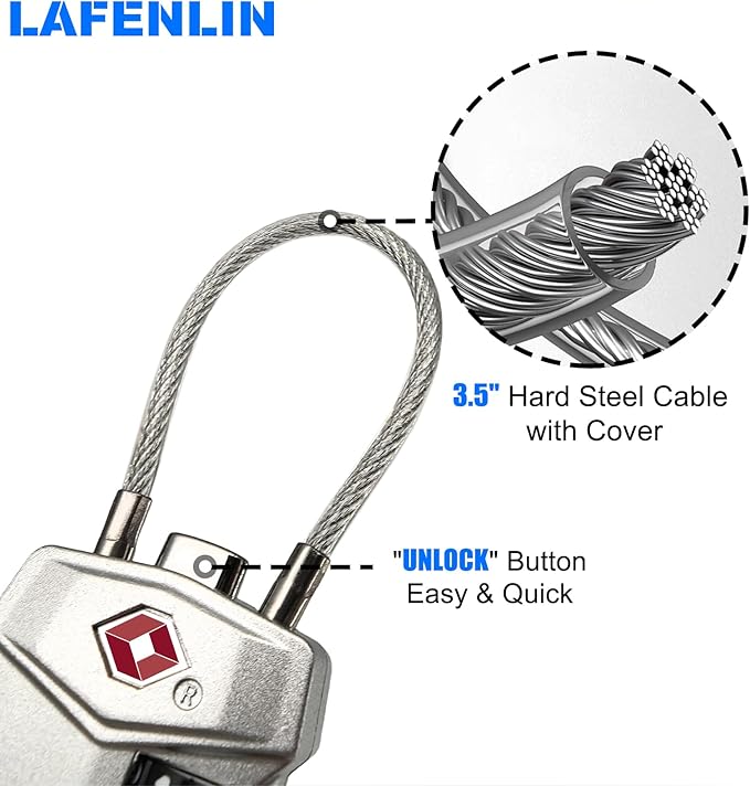 4 Pack TSA Approved Travel Luggage Locks, 3 Digit Combination Cable Padlock, Weatherproof Reset Code Lock with Cut-Resistant Alloy Steel Cable for Suitcases Backpacks Gym Locker Golf Bags - Keyless