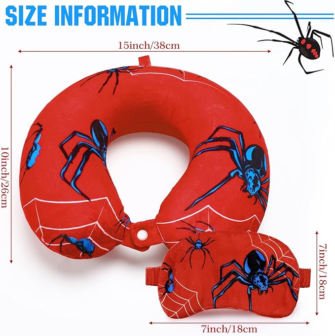 Gilprop 2 Pcs Spider Travel Pillow with Sleep Eye Mask, U Shaped Memory Foam Headrest & Neck Pillow with Washable Cover, Soft Neck Head Support Travel Accessories for Airplane Car Train Bus Trips