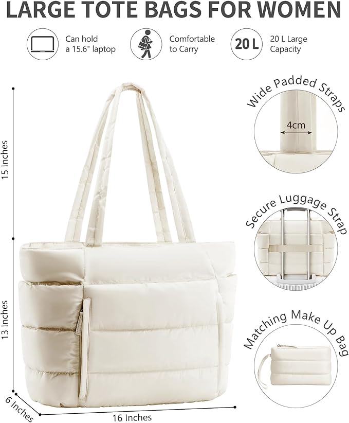 Bagstellar Puffer Tote Bag for Women, Lightweight Puffy Work Handbag Teacher Nurse Quilted Shoulder Bag for School Travel Gym | Cloud Bag w/ Zipper, Daily College Bags, 15.6" Computer Bag, Clinical Nursing Bag, 40 OZ Tumbler Holder, Ideal Gift for Women