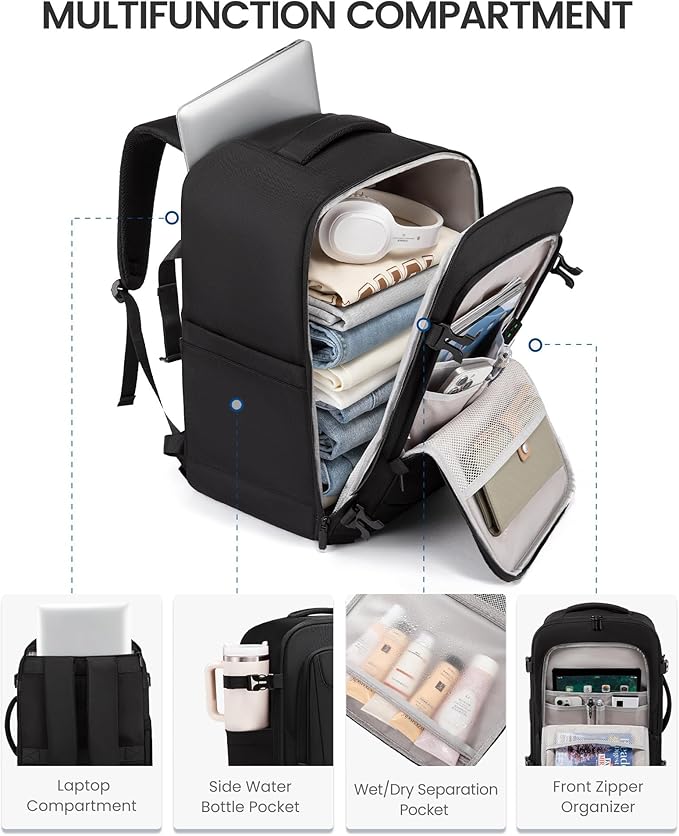 LOVEVOOK Travel Backpack for Men, 45L Carry on Backpack with 3 Packing Cubes, Extra Large Personal Item Bag Fits 17.3 inch Laptop for Weekender Business Trip, Waterproof Daypack, Black