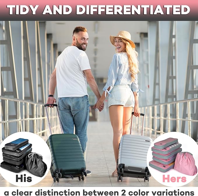 Compression Packing Cubes - WONGLE 12 pc Set His and Hers Family Travel Organizer Compressible Packing Cubes for Suitcases, Luggage Organizer Bags, Travel Accessories, Shoe Bag (Pink/Black)