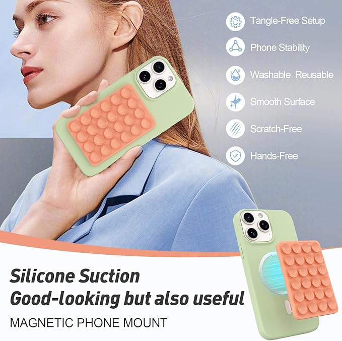 Magnetic Suction Phone Mount for MagSafe Case,Silicone Sticky Phone Grip Holder for iPhone,Removable Hands-Free Selfie/Video for TikTok & Instagram Influencer/Creator (Orange)