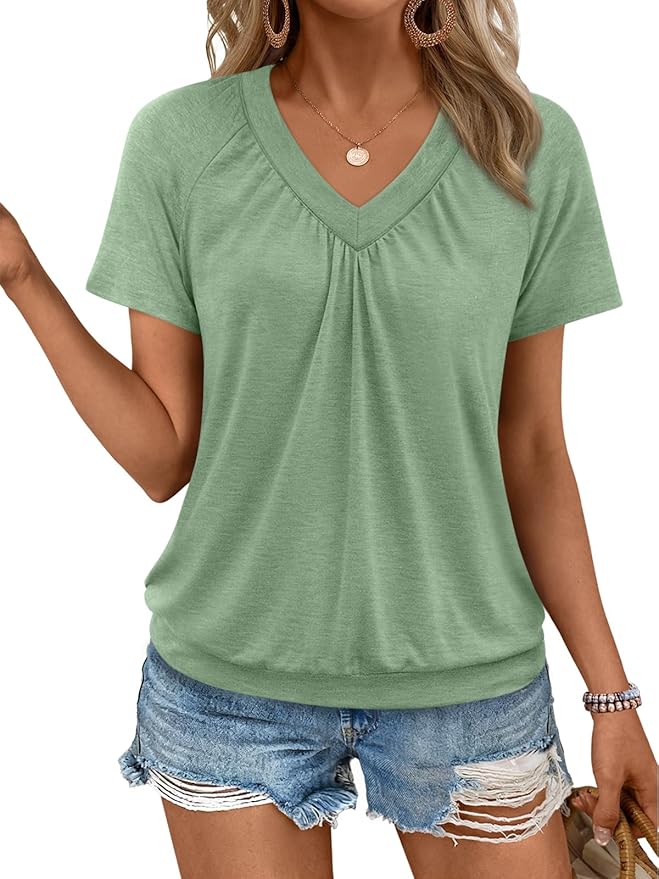 AUTOMET Womens Tops Short Sleeve V Neck T Shirts 2026 Summer Spring Beach Vacation Clothes Casual Loose Ruched Top
