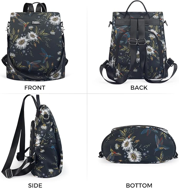 Fmeida Backpack Purse for Women Travel Anti-Theft Backpack Convertible Nylon Daypack with Hidden Back Zipper Opening Hummingbird